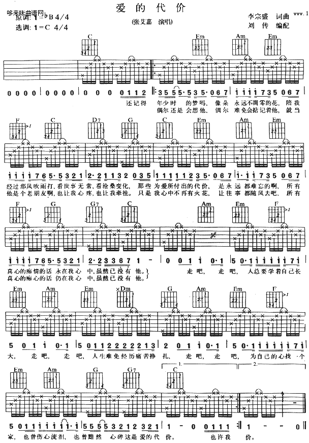 《爱的代价 (张艾嘉 )》吉他谱-C大调音乐网
