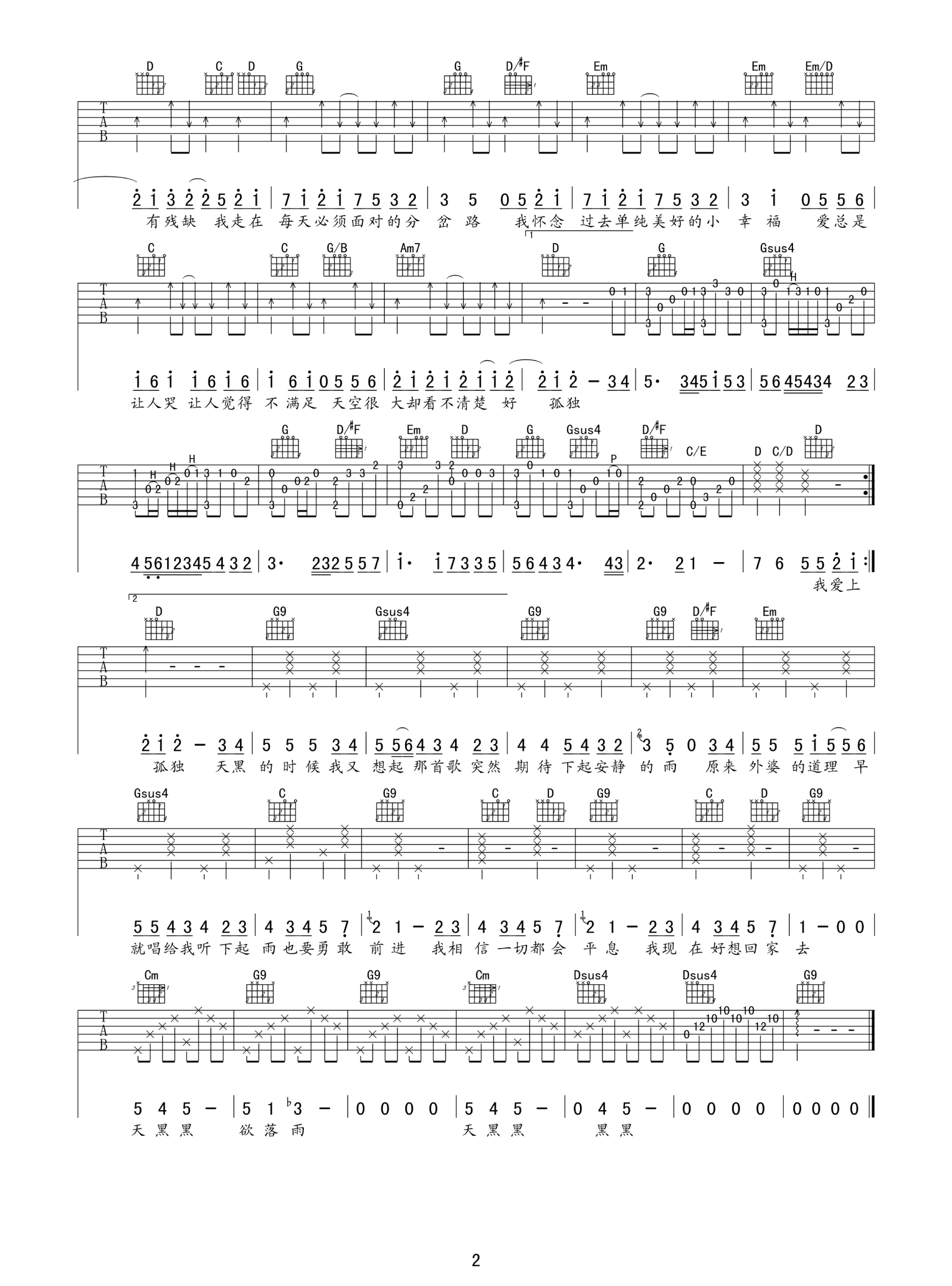 孙燕姿 天黑黑吉他谱 G调高清版-C大调音乐网