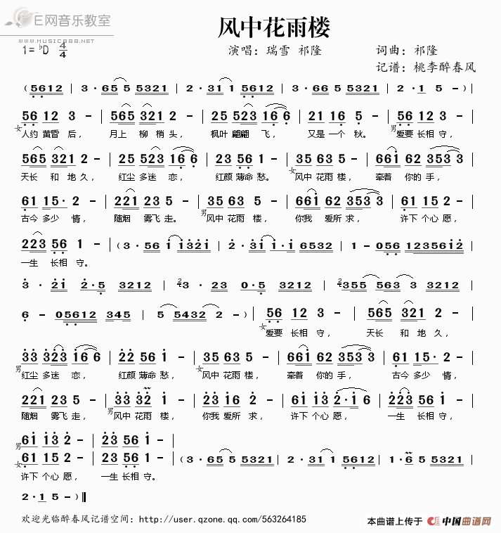 《风中花雨楼-祁隆 瑞雪（简谱）》吉他谱-C大调音乐网