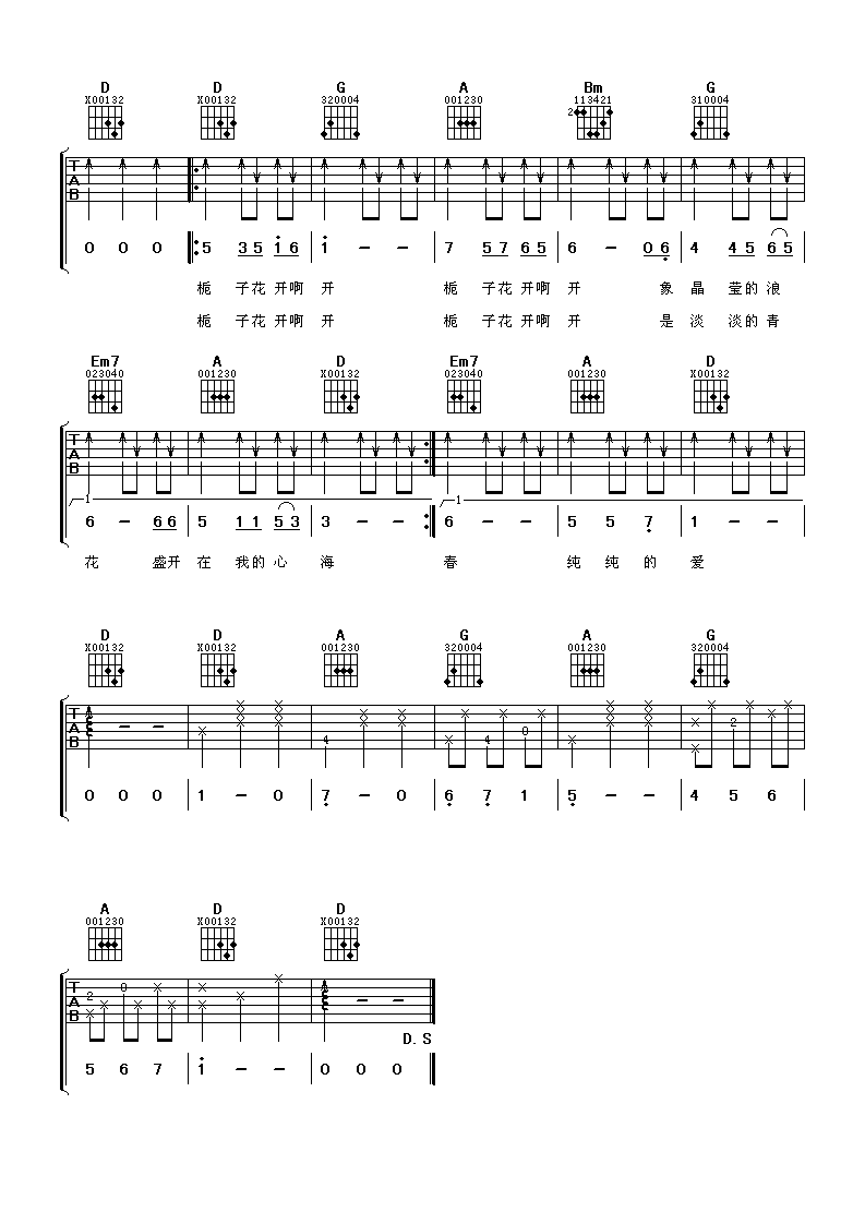 何炅 栀子花开吉他谱-C大调音乐网