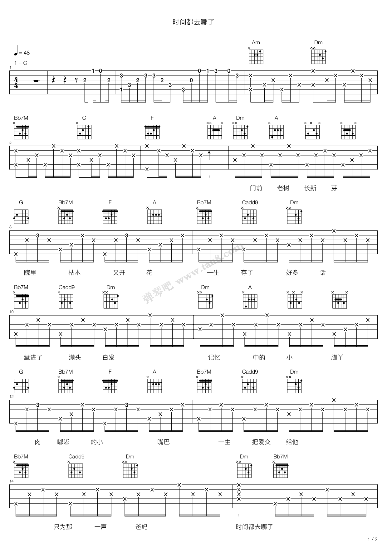 《时间都去哪了》吉他谱-C大调音乐网