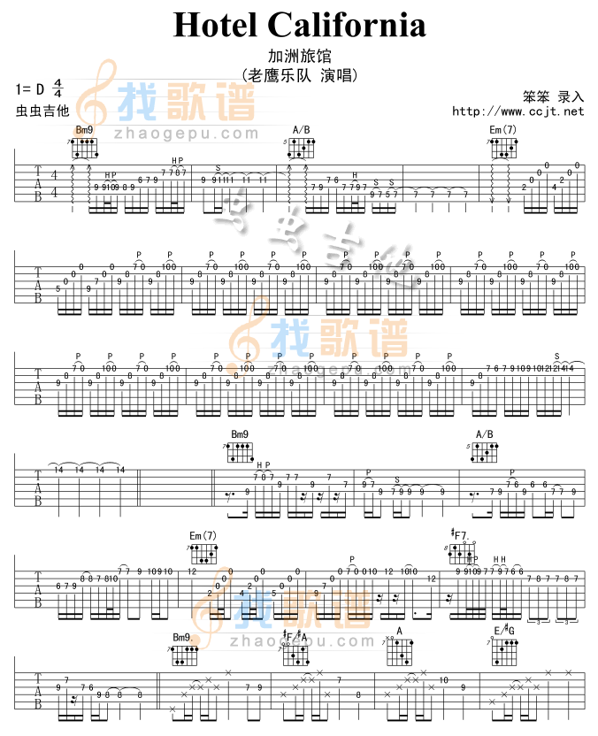 《Hotel California 加州旅馆吉他谱》吉他谱-C大调音乐网