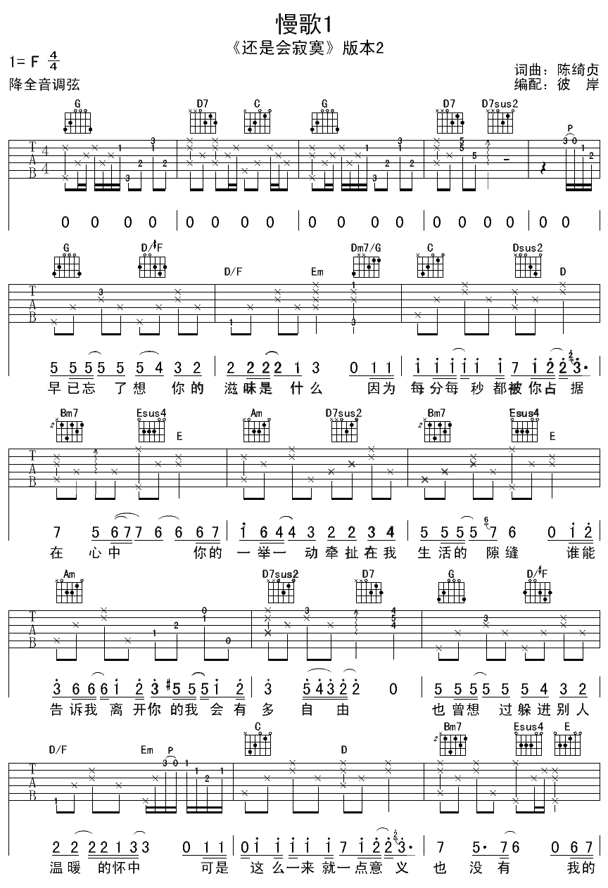 陈绮贞 慢歌1吉他谱-C大调音乐网