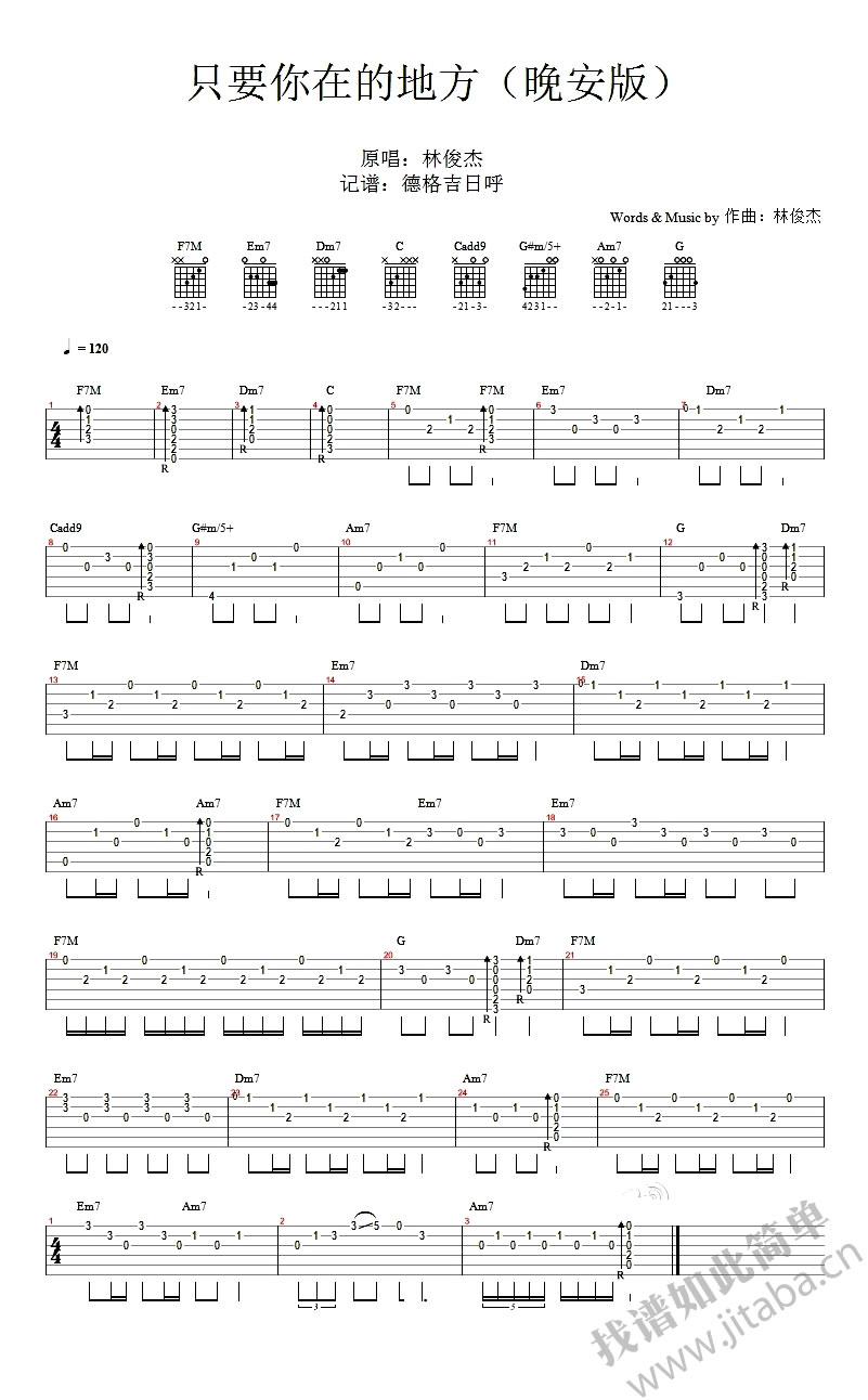 《只要有你的地方吉他谱(晚安版)_林俊杰_和弦图谱》吉他谱-C大调音乐网