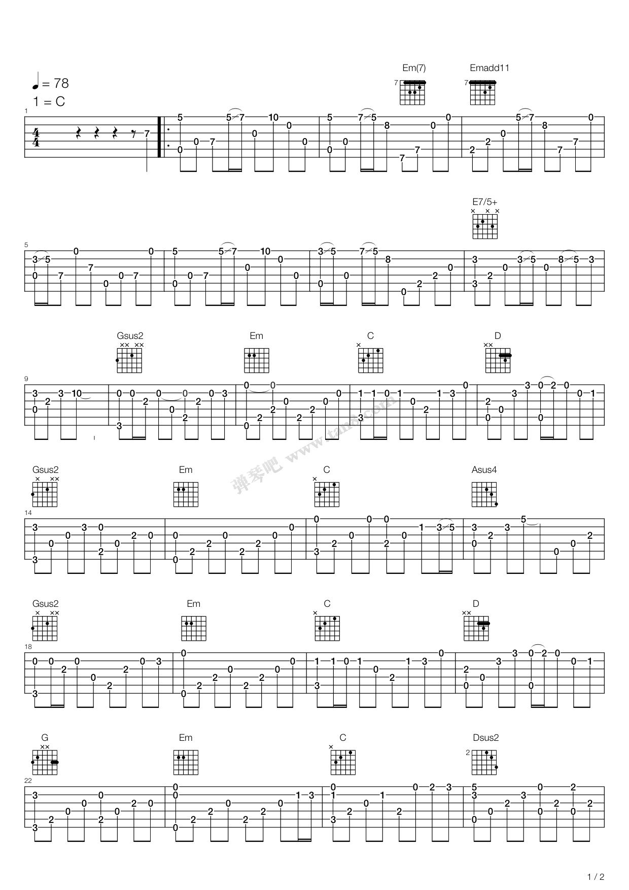 《恰似你的温柔》吉他谱-C大调音乐网