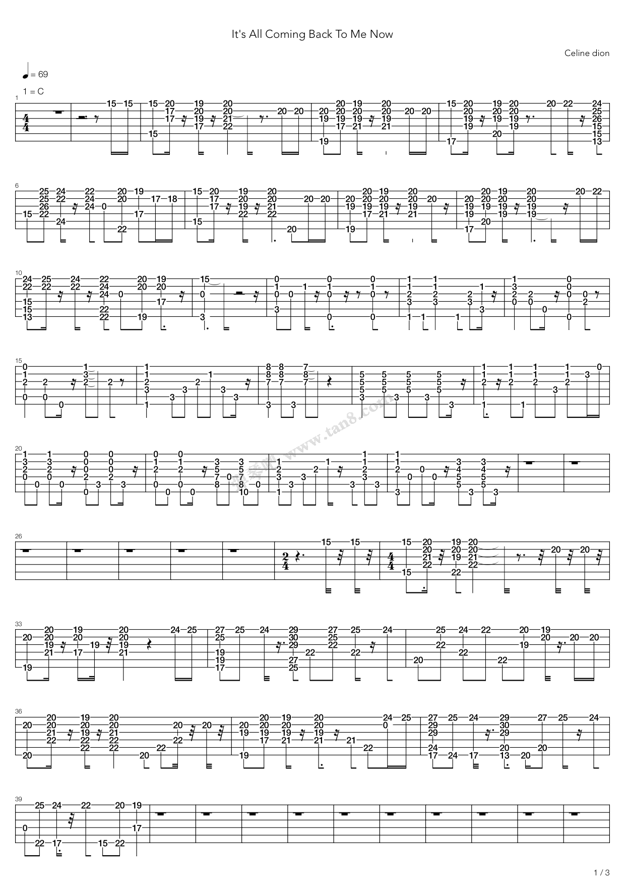 《Its All Coming Back To Me Now》吉他谱-C大调音乐网