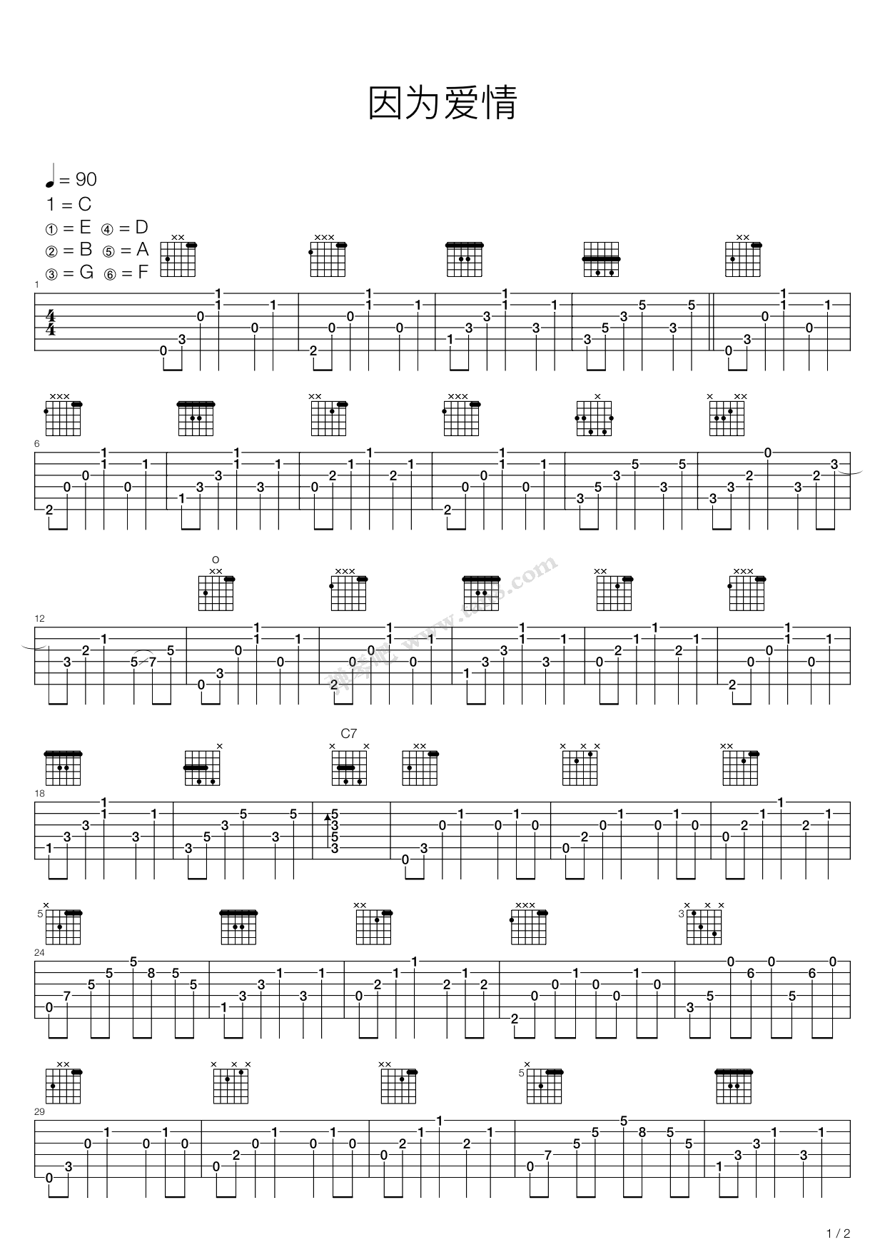 《因为爱情》吉他谱-C大调音乐网