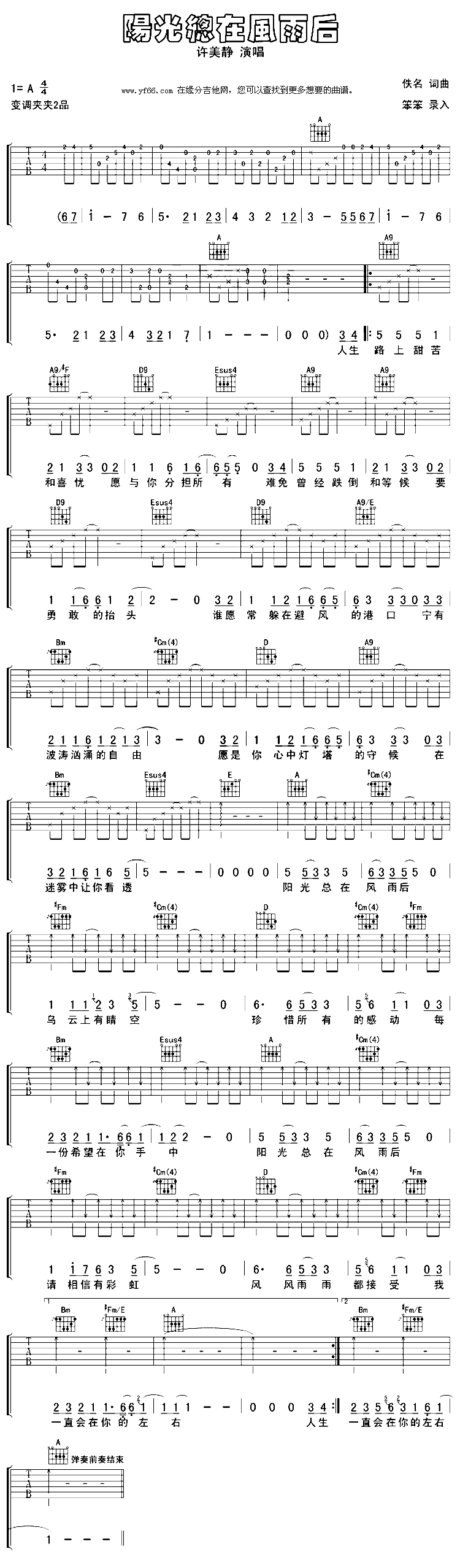 《阳光总在风雨后》吉他谱-C大调音乐网