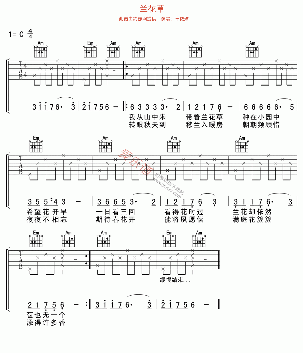 《卓依婷《兰花草》》吉他谱-C大调音乐网