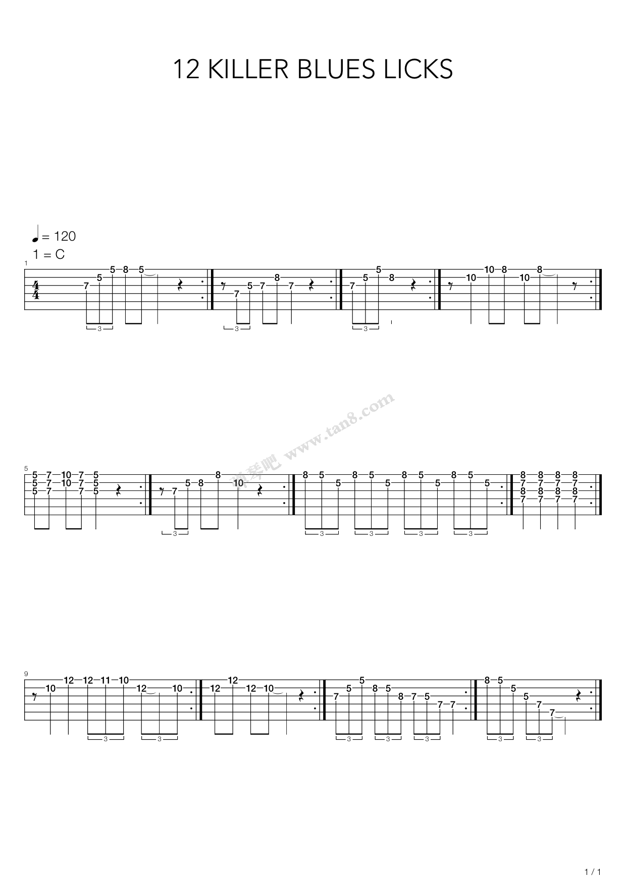 《布鲁斯练习 - 12 KILLER BLUES LICKS》吉他谱-C大调音乐网