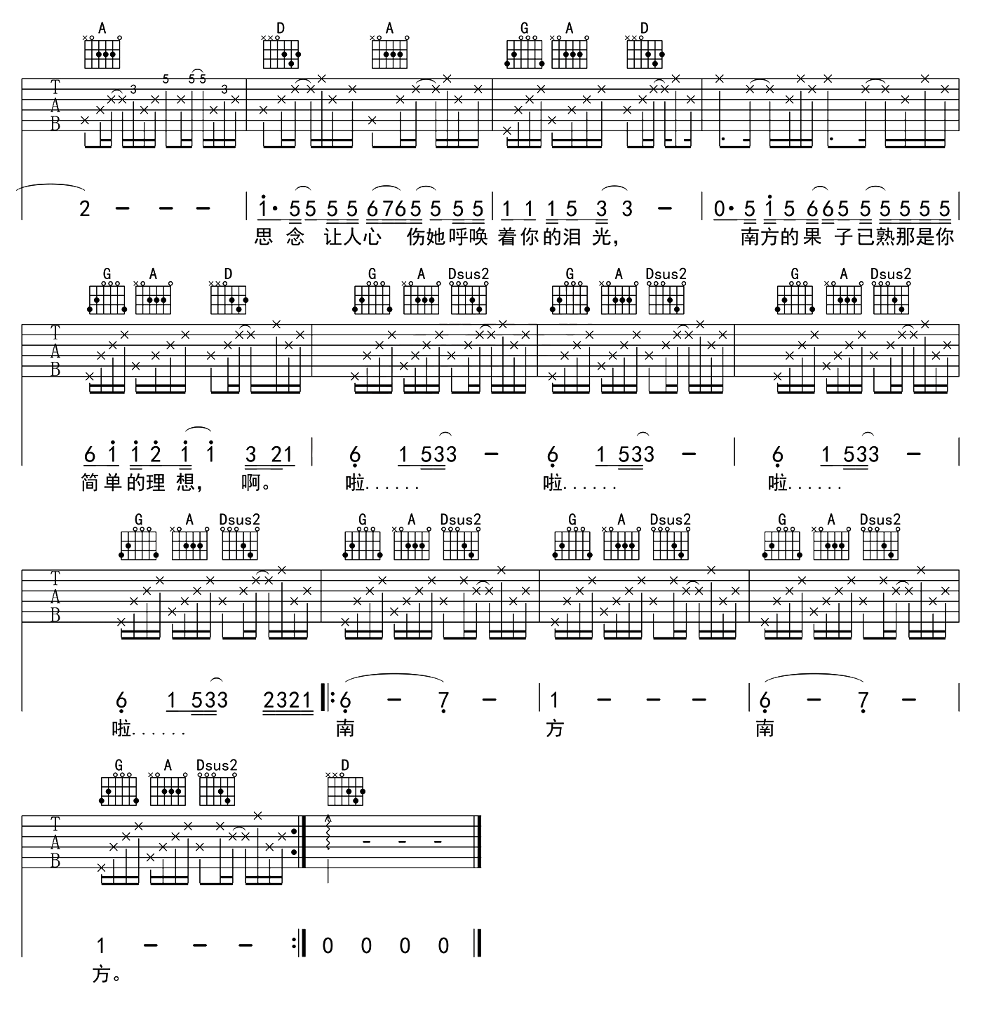 《赵雷《南方姑娘》吉他谱_D调指法伴奏版》吉他谱-C大调音乐网