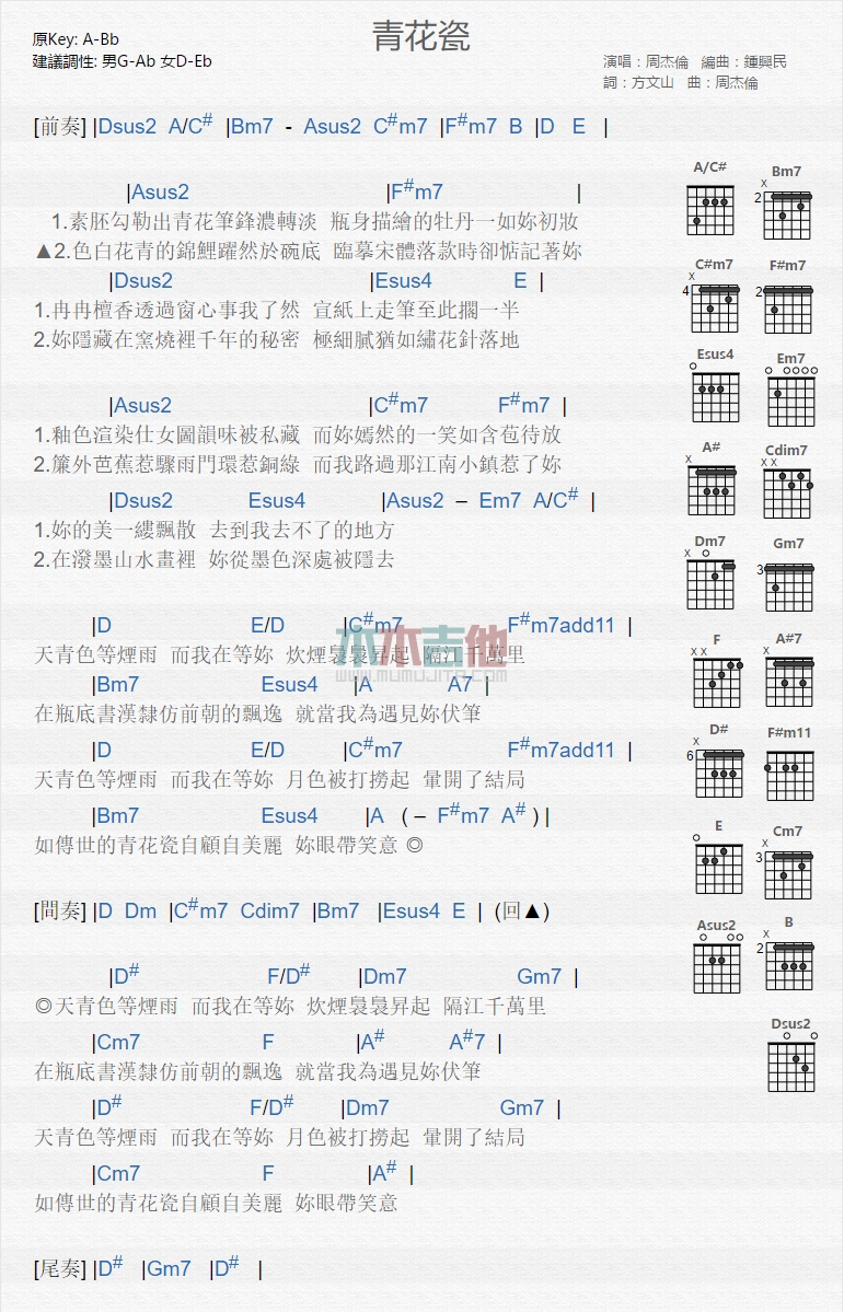 《青花瓷》吉他谱-C大调音乐网