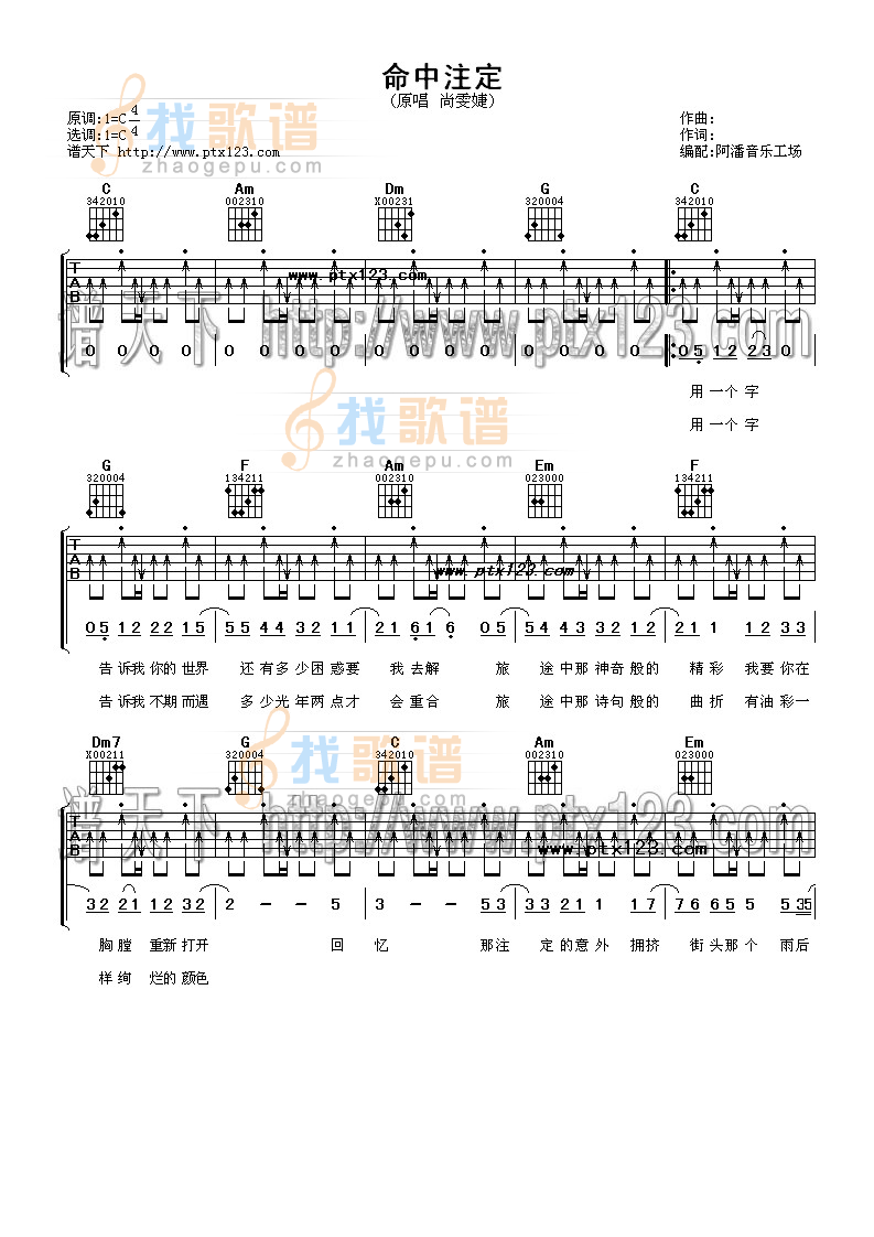 《命中注定》吉他谱-C大调音乐网