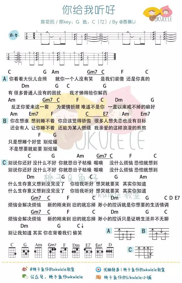 《你给我听好》Ukulele曲谱弹唱教学（陈奕迅）-C大调音乐网