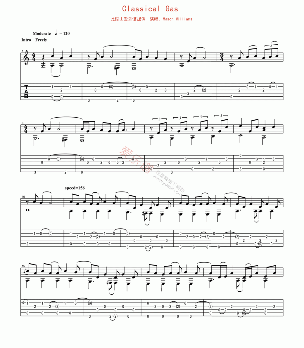 《Mason Williams《Classical Gas》》吉他谱-C大调音乐网