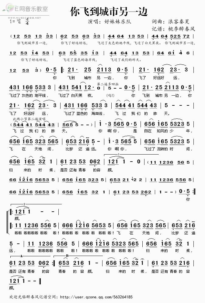 《你飞到城市另一边——好妹妹乐队（简谱）》吉他谱-C大调音乐网