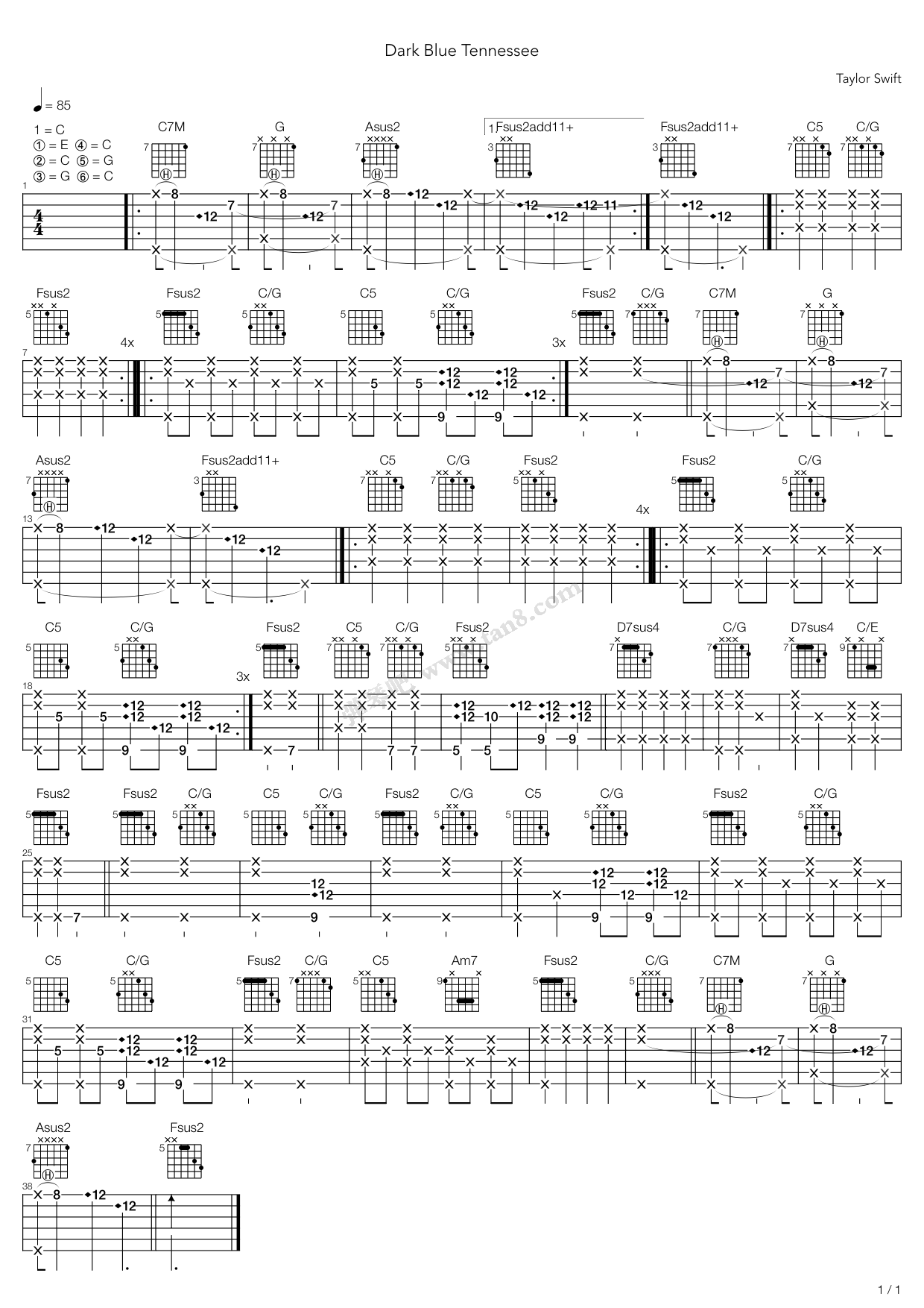 《Dark Blue Tennessee》吉他谱-C大调音乐网