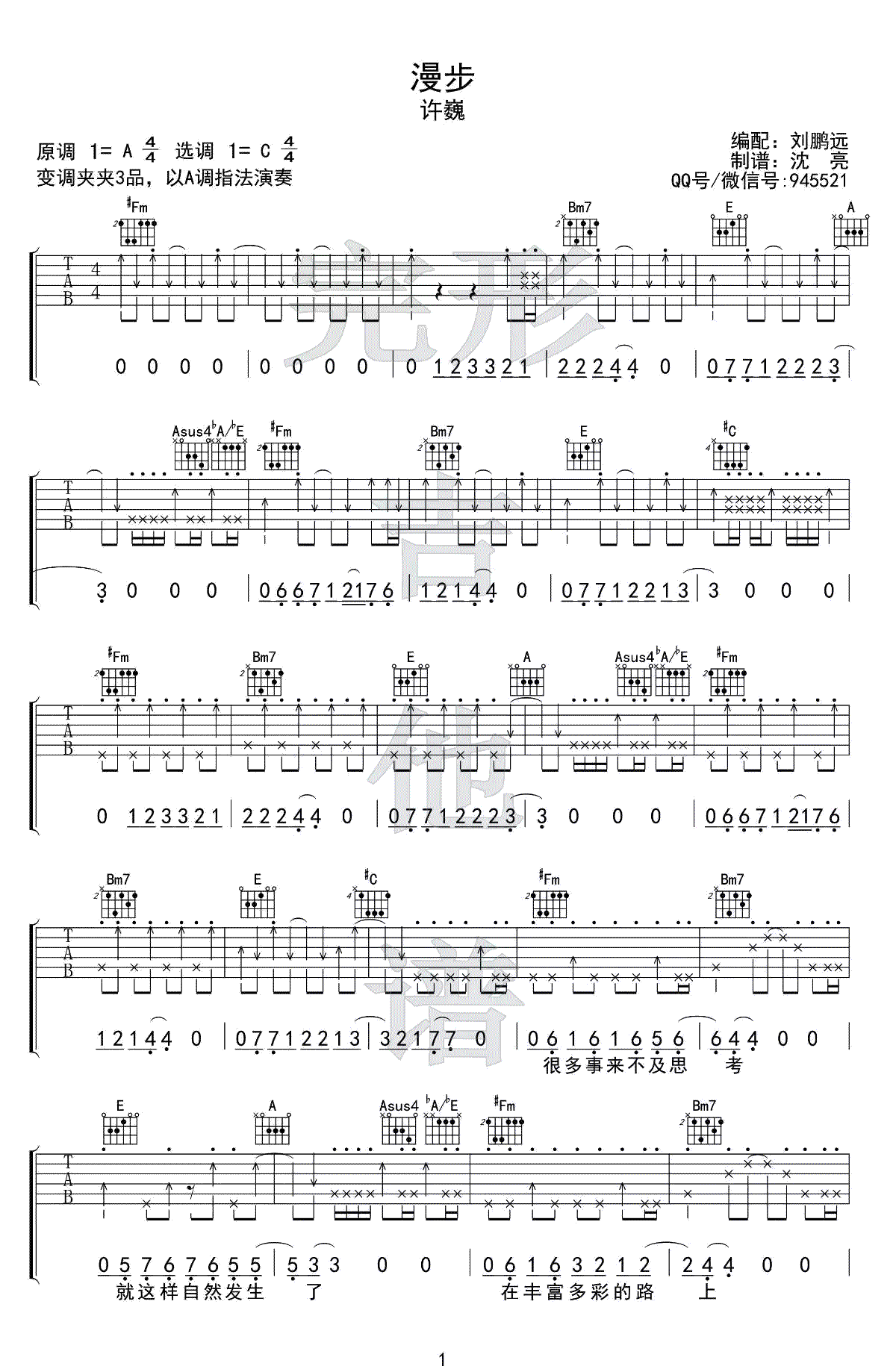 许巍《漫步》吉他谱_刘鹏远版本_弹唱示范视频-C大调音乐网