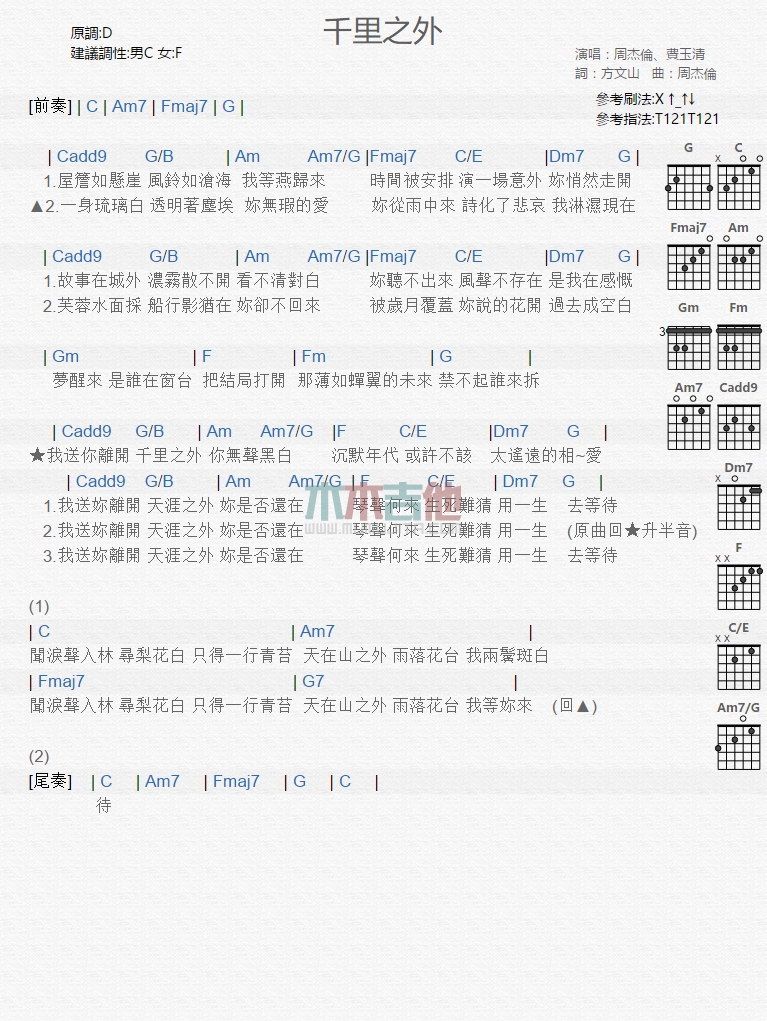 《千里之外》吉他谱-C大调音乐网