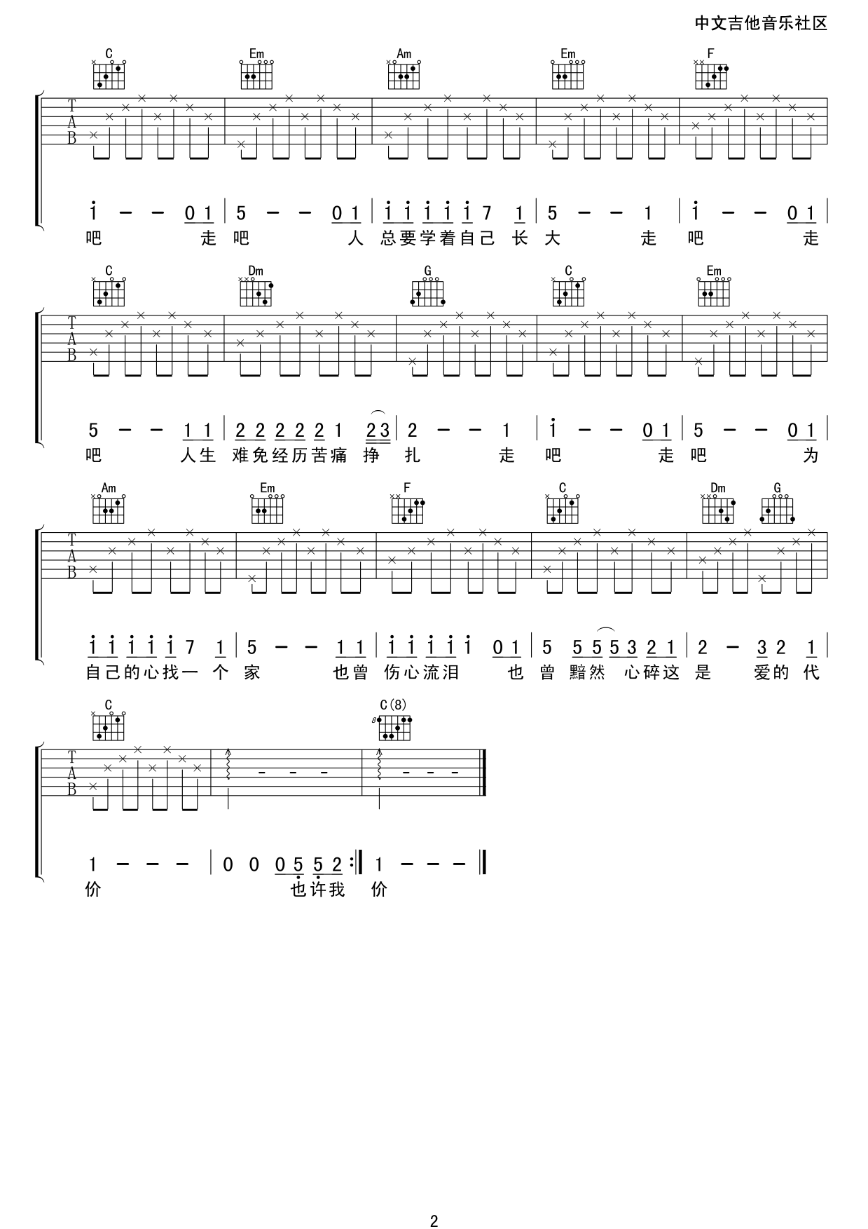 张艾嘉 爱的代价吉他谱 C调高清版-C大调音乐网