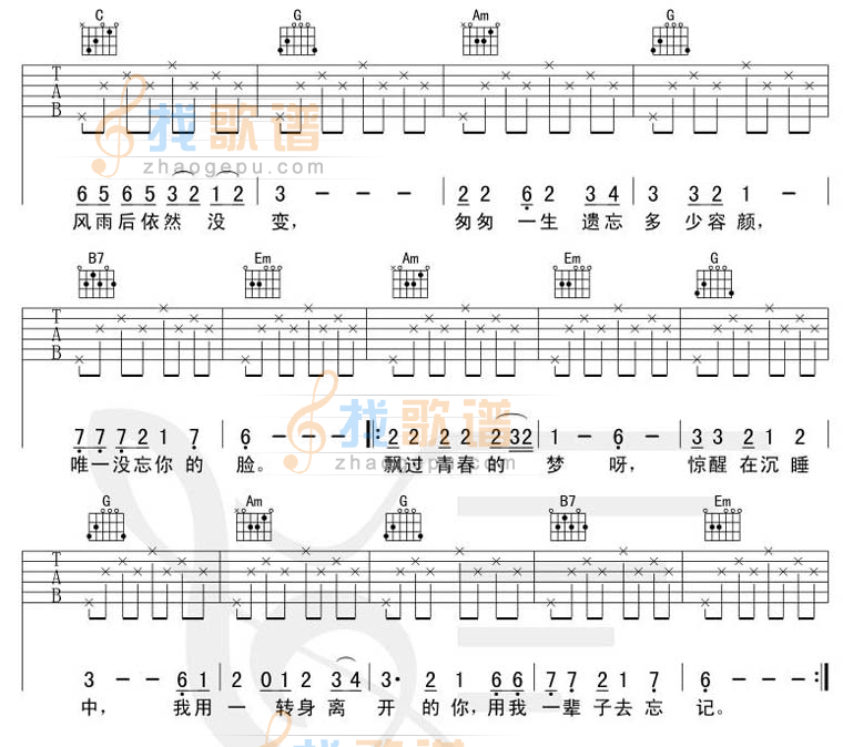 《用我一辈子去忘记(吉他弹唱谱)[完整版]》吉他谱-C大调音乐网