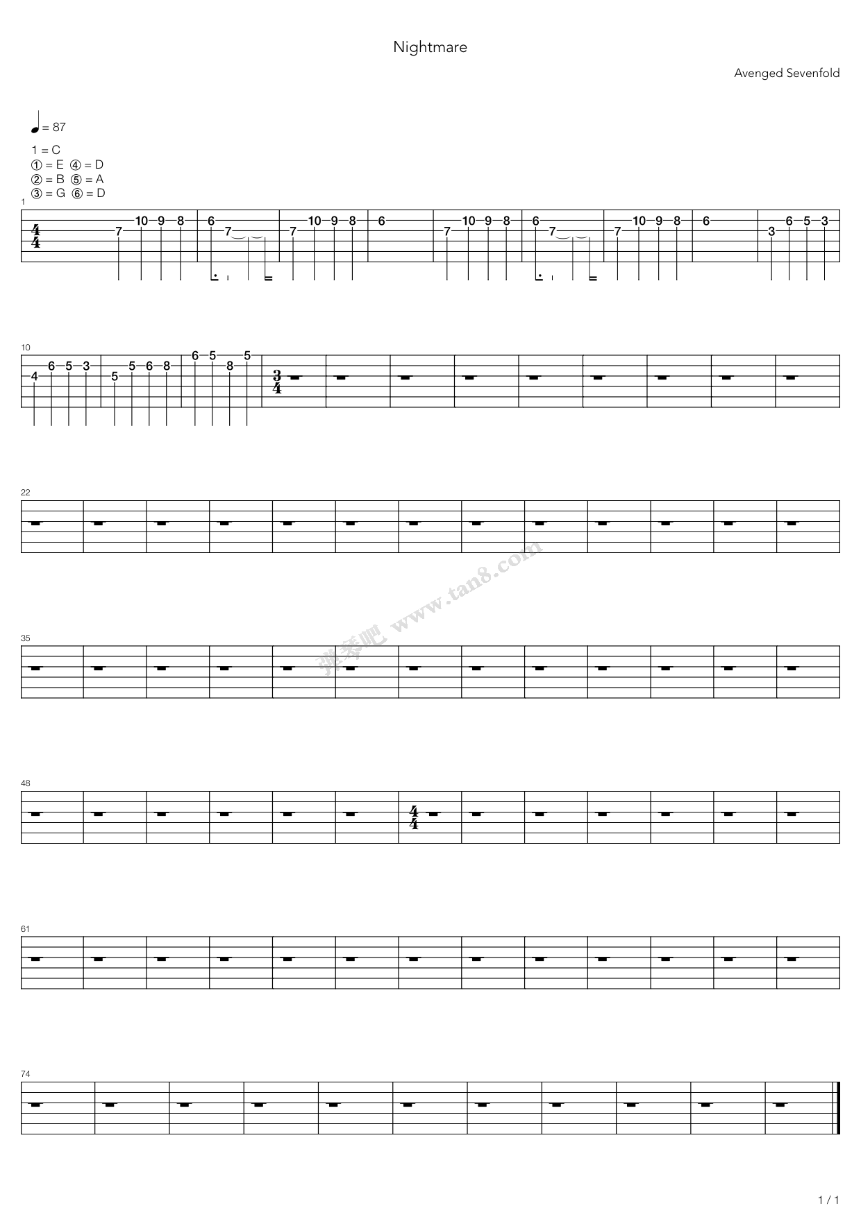 《Nightmare》吉他谱-C大调音乐网
