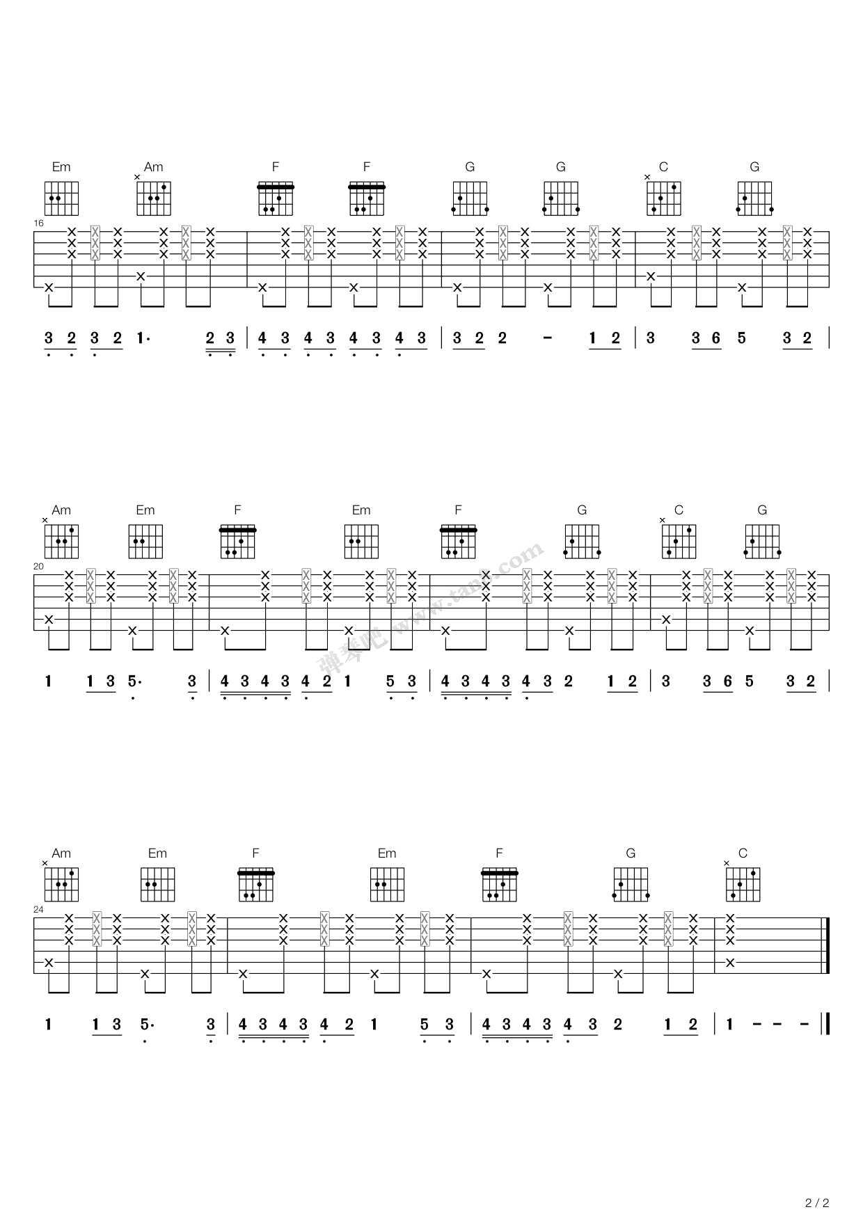 《06应用曲段：好想你（手指拍弦）》吉他谱-C大调音乐网