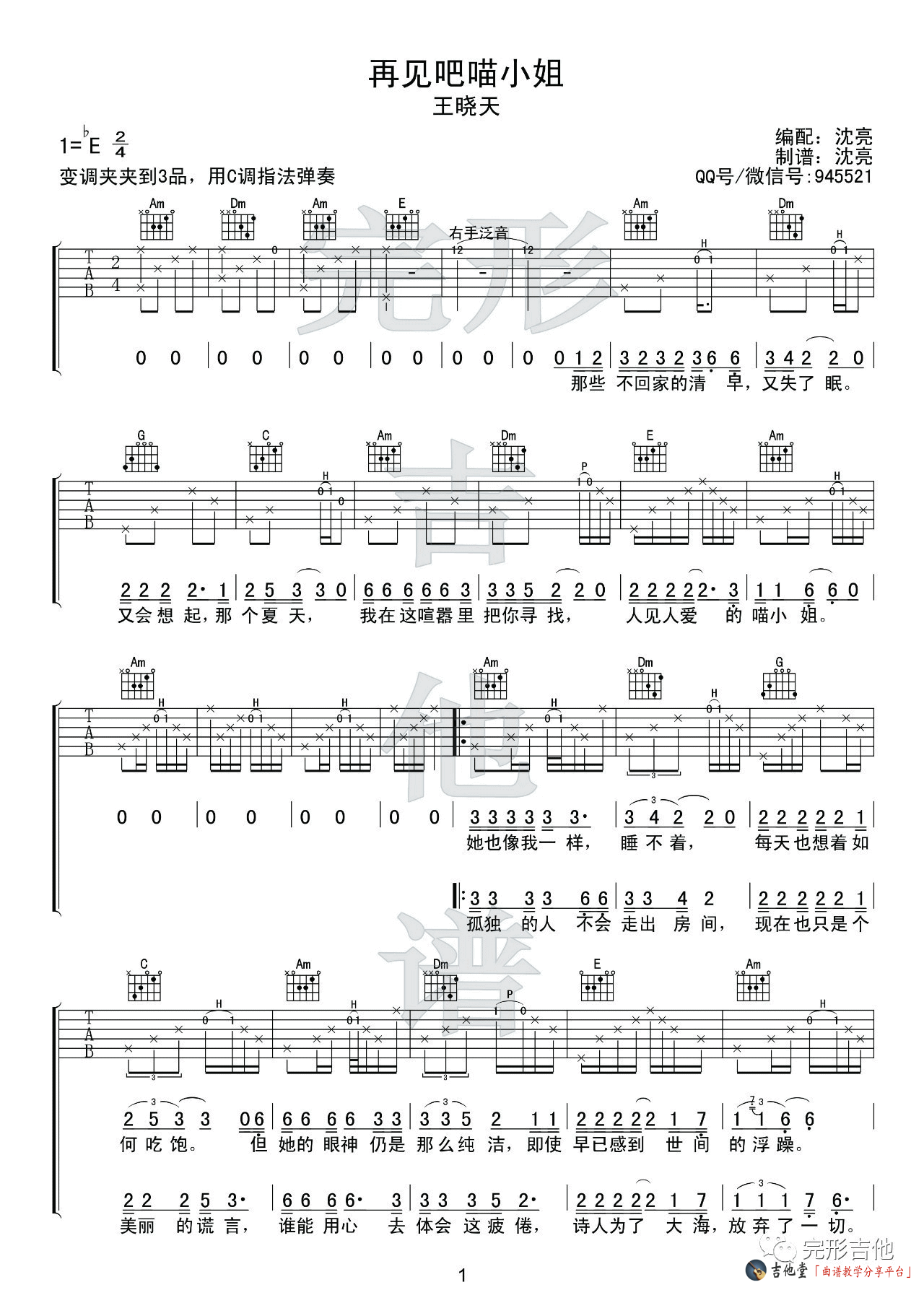 《《再见吧喵小姐》吉他谱_附弹唱演示_王晓天》吉他谱-C大调音乐网