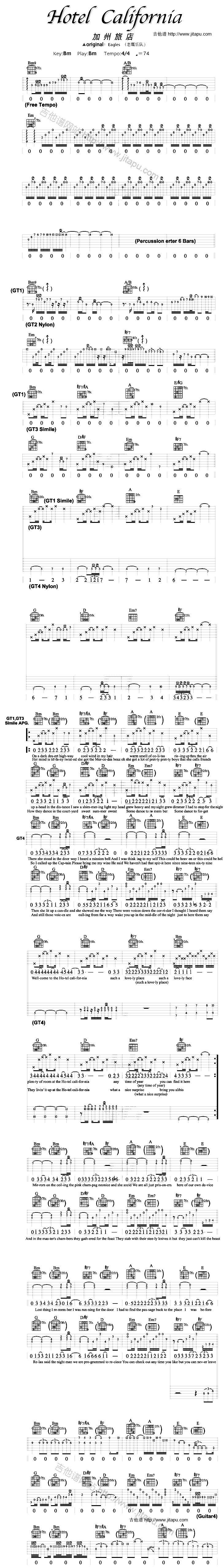 《Hotel California(加州旅馆)》吉他谱-C大调音乐网