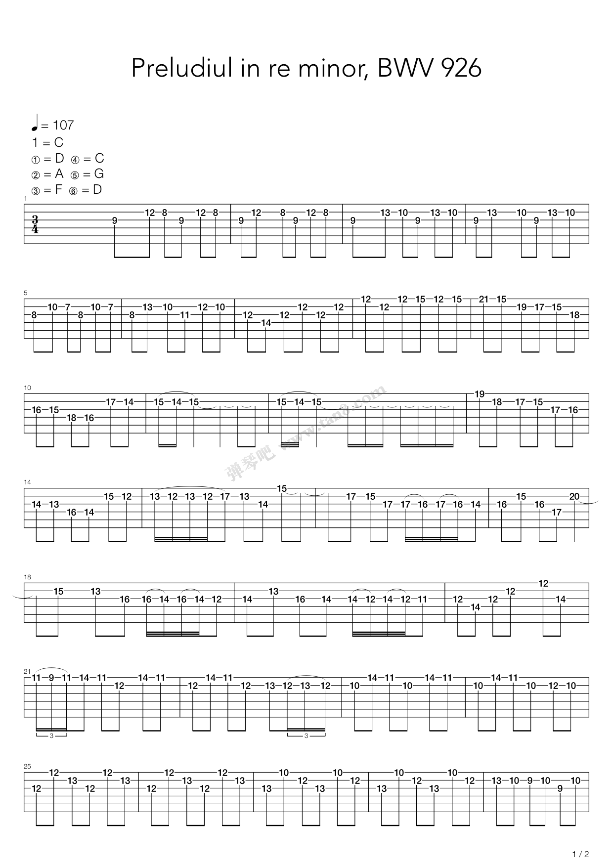 《Prelude In D Minor Bwv 926》吉他谱-C大调音乐网