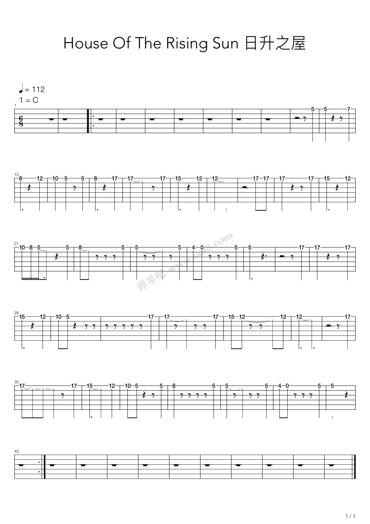 《House Of The Rising Sun 日升之屋》吉他谱-C大调音乐网