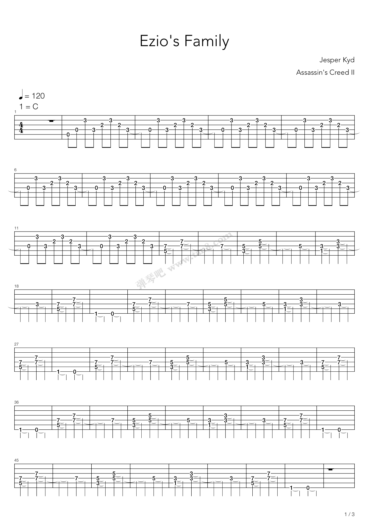 《刺客信条 - Ezio's Family》吉他谱-C大调音乐网