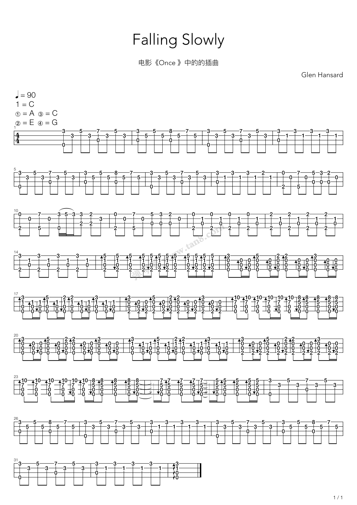 《Falling Slowly（尤克里里指弹谱）》吉他谱-C大调音乐网