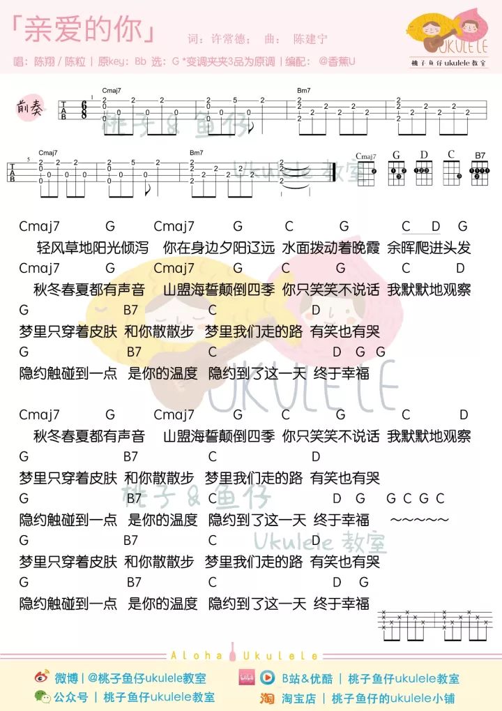 陈翔 / 陈粒《亲爱的你》尤克里里弹唱谱（亲爱的客栈 主题曲）-C大调音乐网