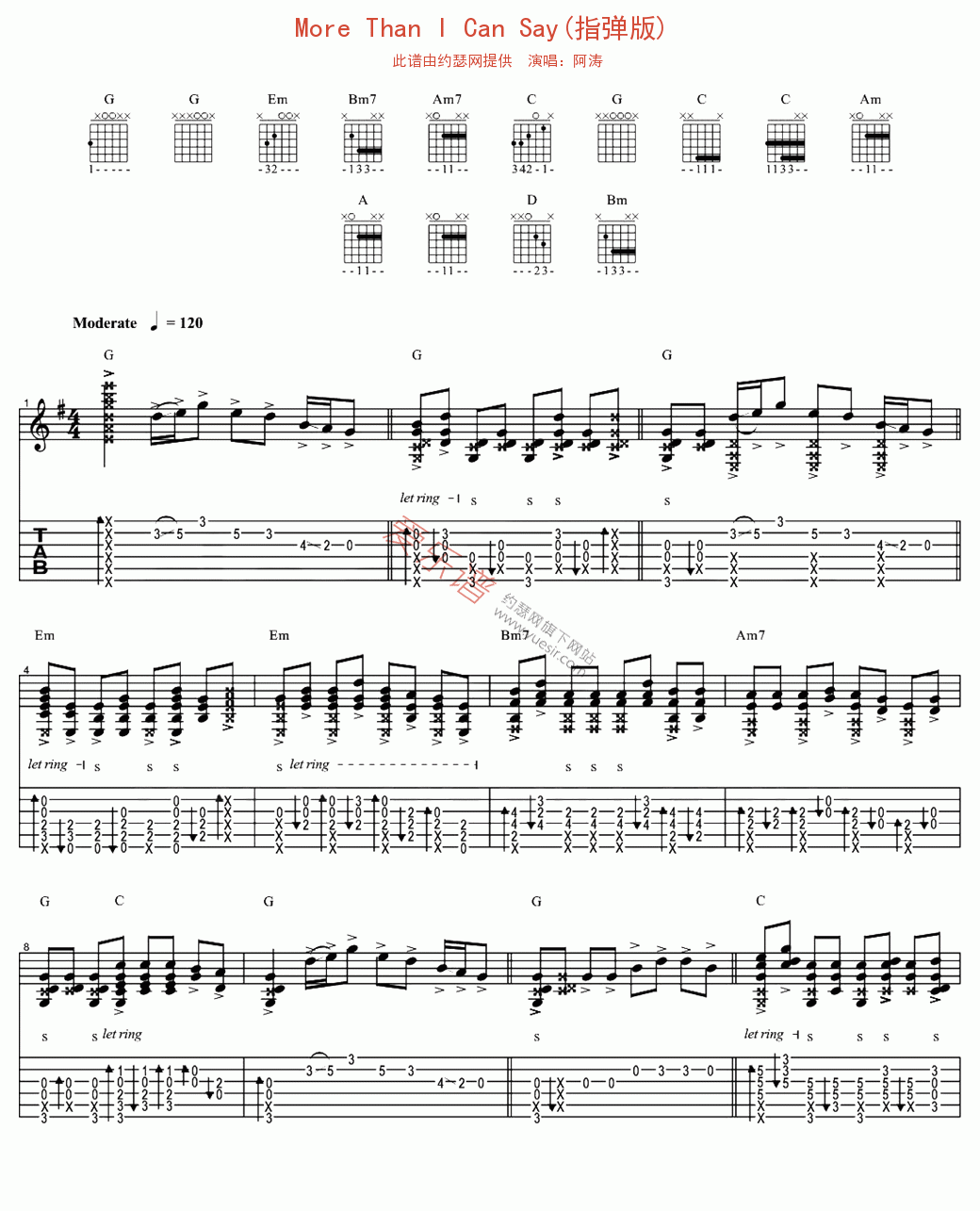 《阿涛《More Than I Can Say(指弹版)》》吉他谱-C大调音乐网
