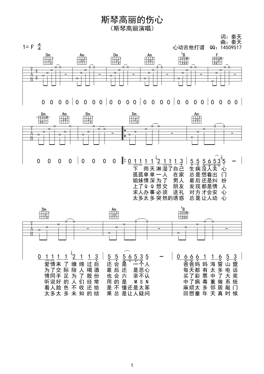 斯琴高丽的伤心吉他谱-C大调音乐网