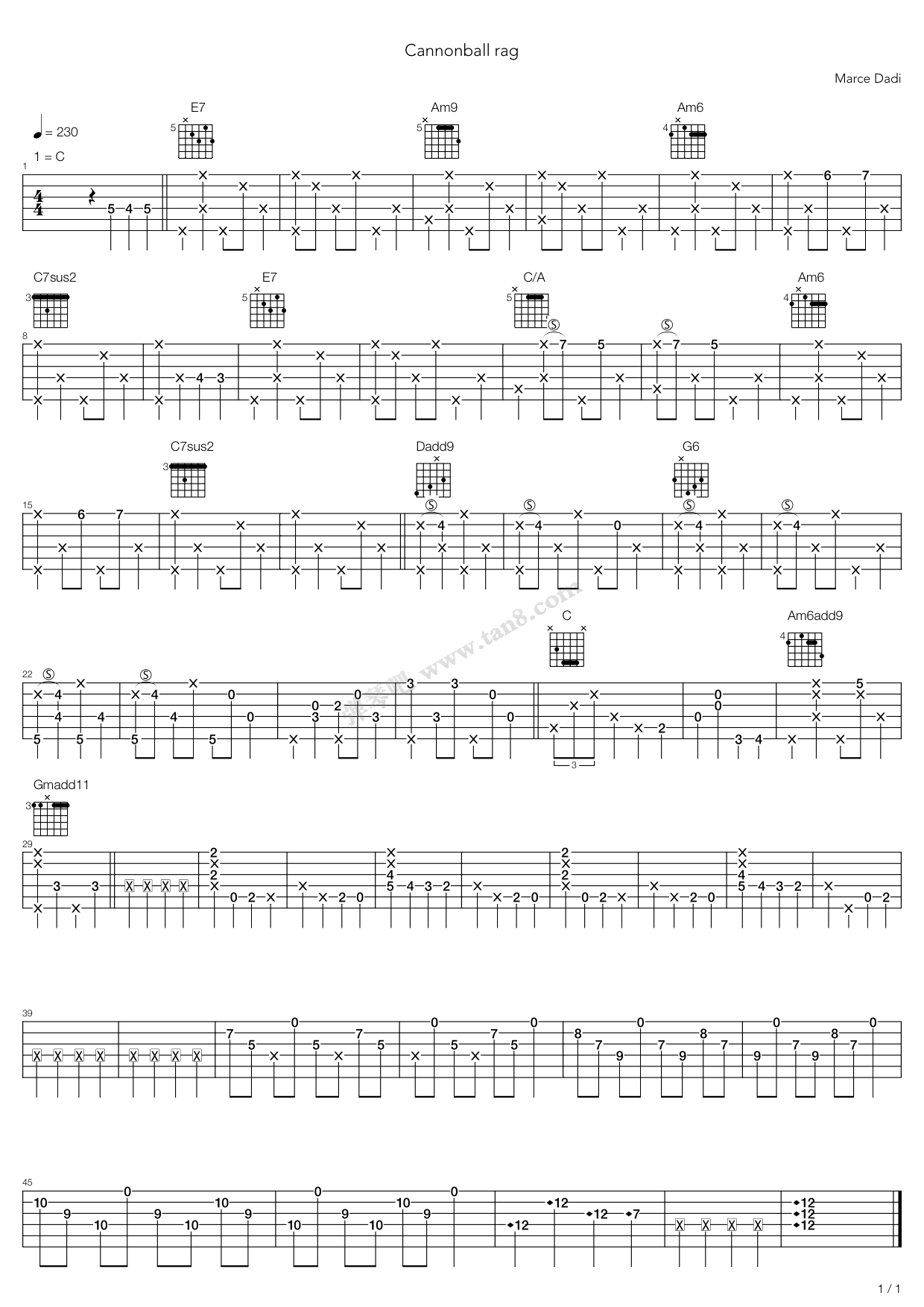 《Cannonball Rag》吉他谱-C大调音乐网