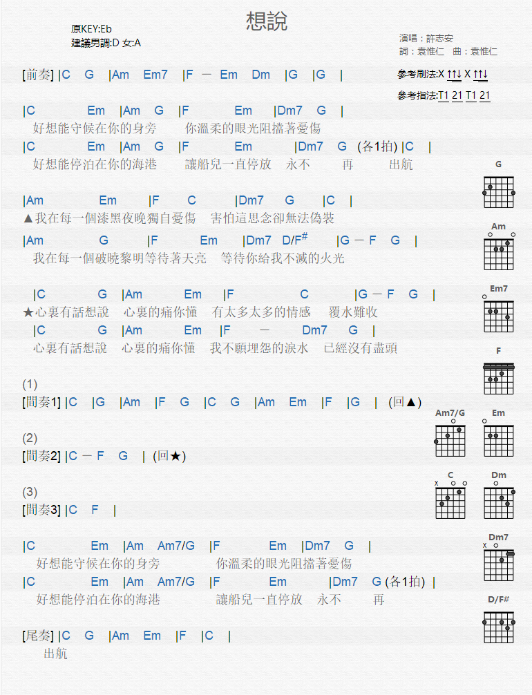 《想说》吉他谱-C大调音乐网