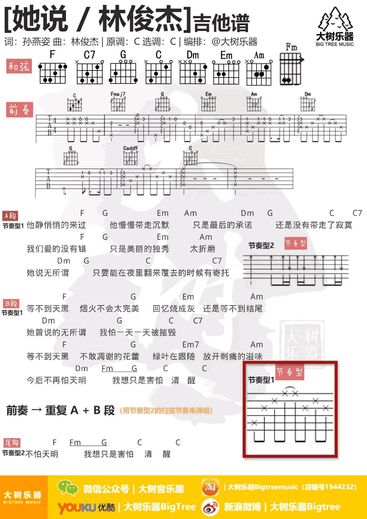 她说吉他谱_林俊杰_C调弹唱谱_吉他演示+教学视频-C大调音乐网