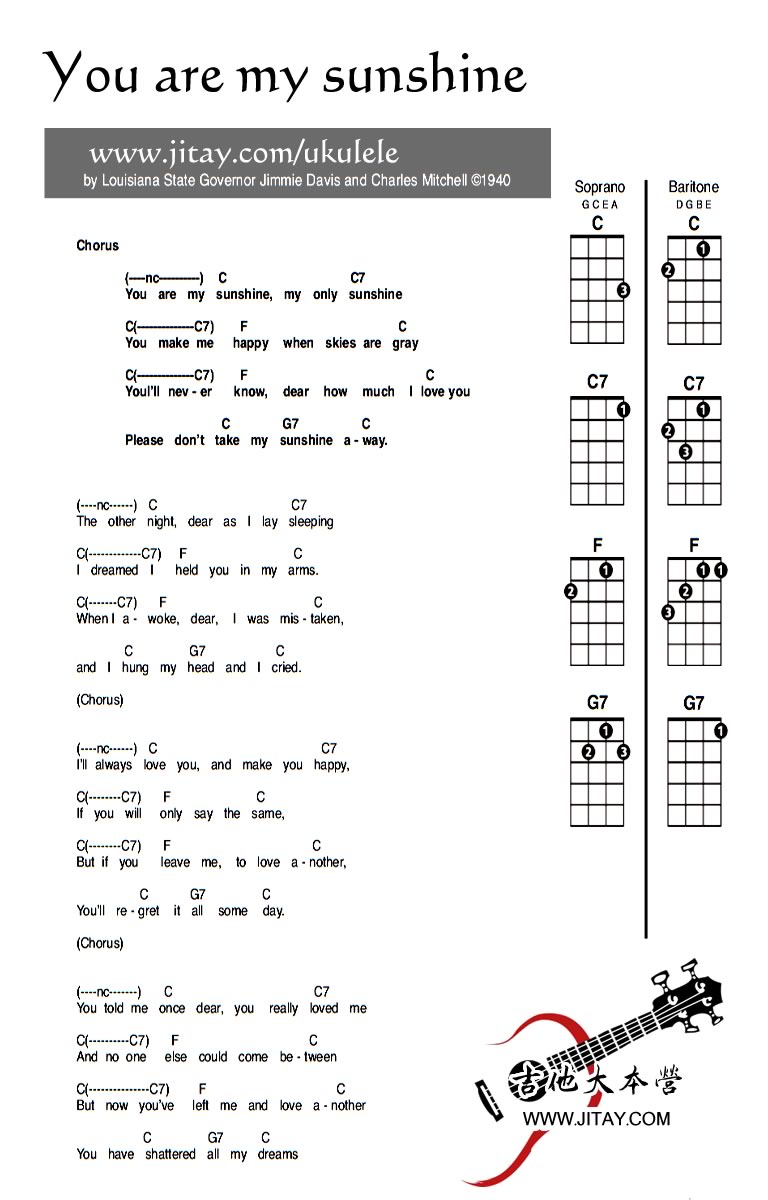 《you are my sunshine尤克里里谱-英文歌曲-uku弹唱谱》吉他谱-C大调音乐网