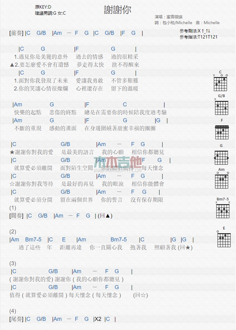 《谢谢你》吉他谱-C大调音乐网