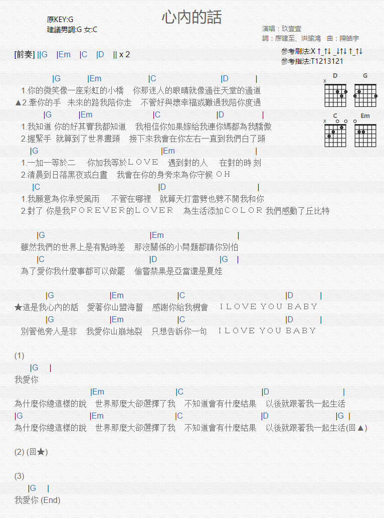 《心内的话》吉他谱-C大调音乐网