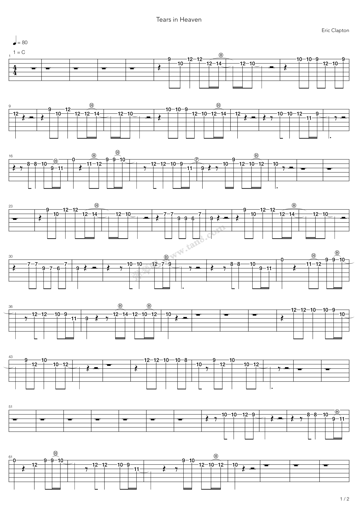 《Tears In Heaven》吉他谱-C大调音乐网