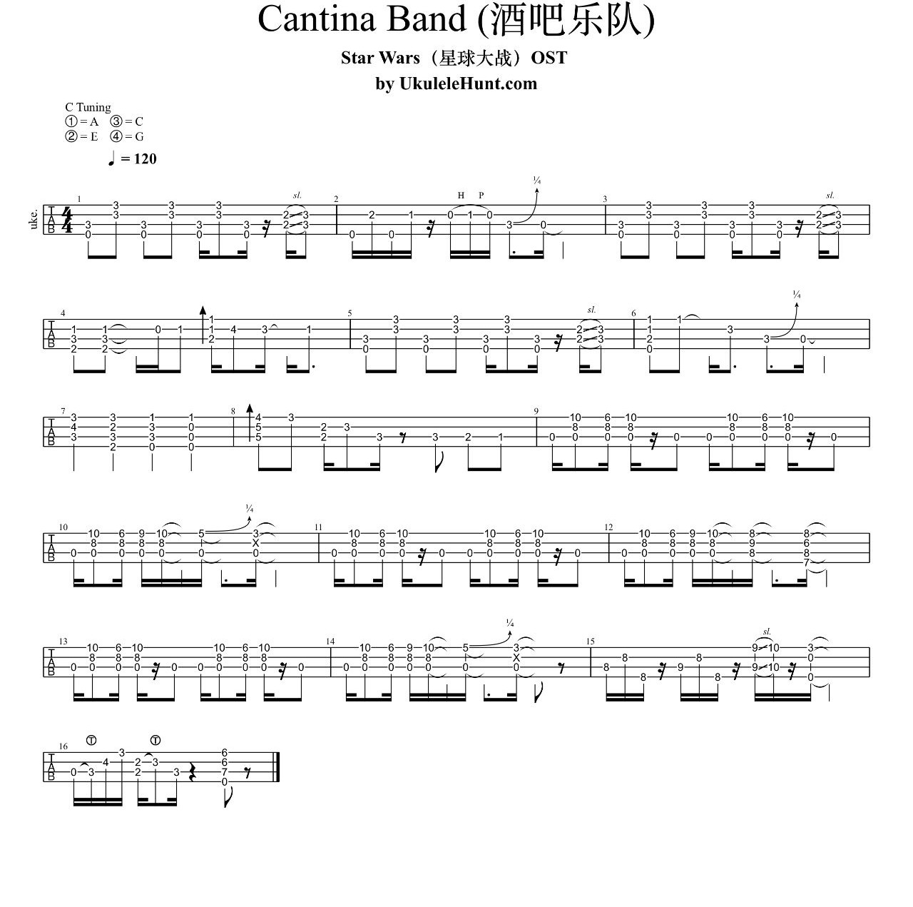 指弹《酒吧乐队Cantina Band》尤克里里指弹谱演示（星球大战）木马-C大调音乐网