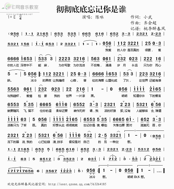 《彻彻底底忘记你是谁——陈咏（简谱）》吉他谱-C大调音乐网