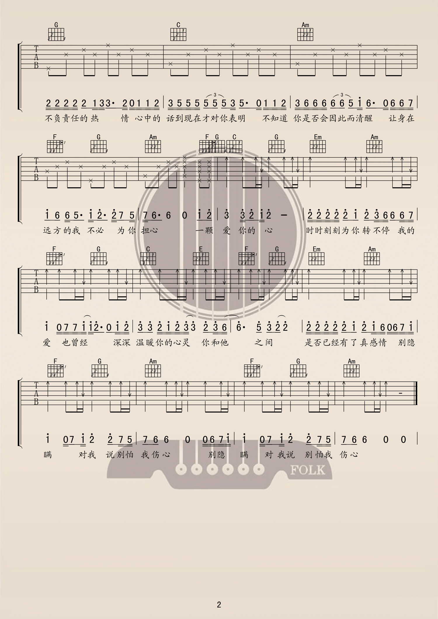 《张信哲 别怕我伤心吉他谱 C调版本二》吉他谱-C大调音乐网