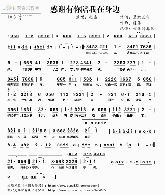 《感谢有你陪我在身边-张雷（简谱）》吉他谱-C大调音乐网