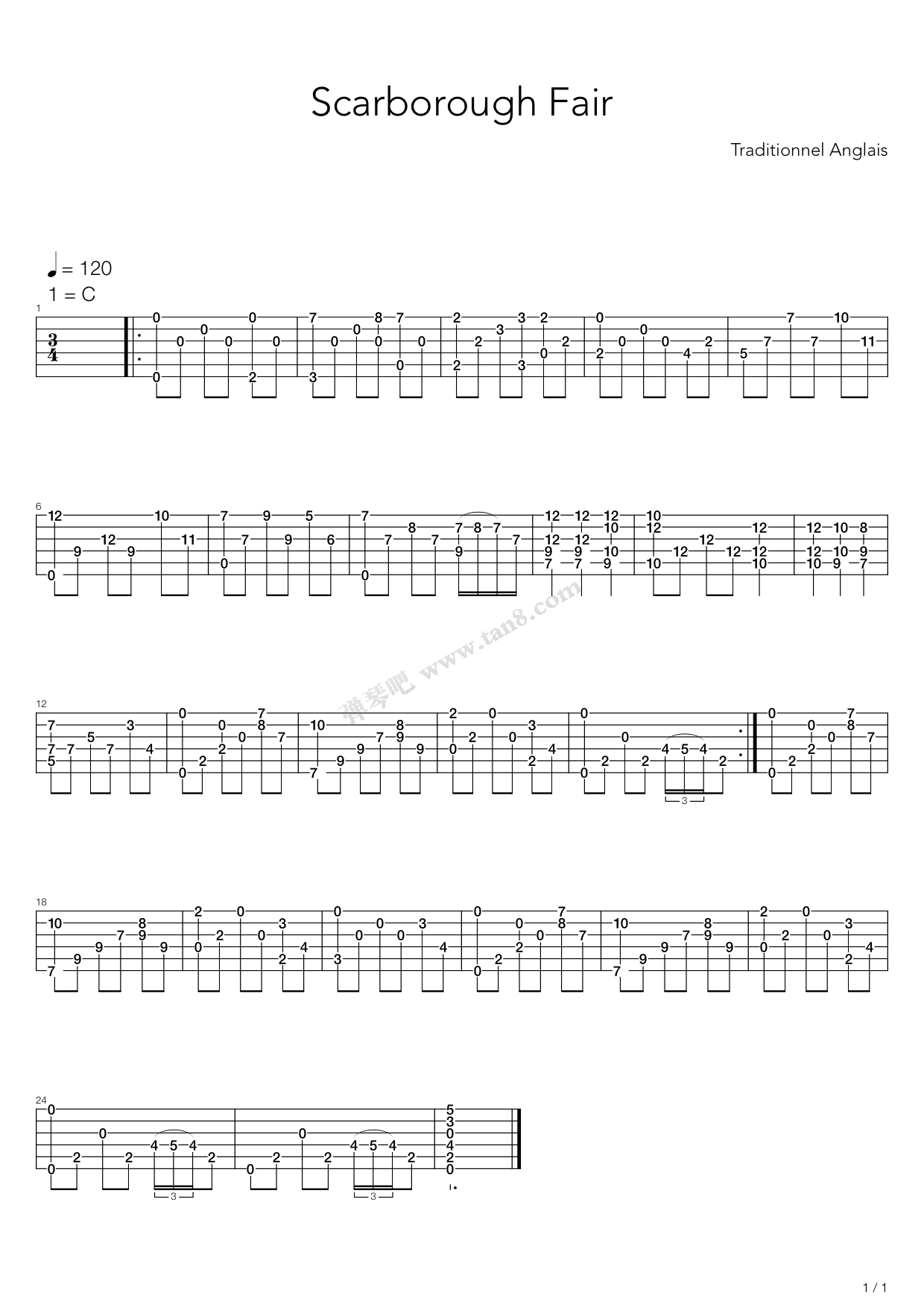 《Scarborough Fair(斯卡保罗集市)》吉他谱-C大调音乐网