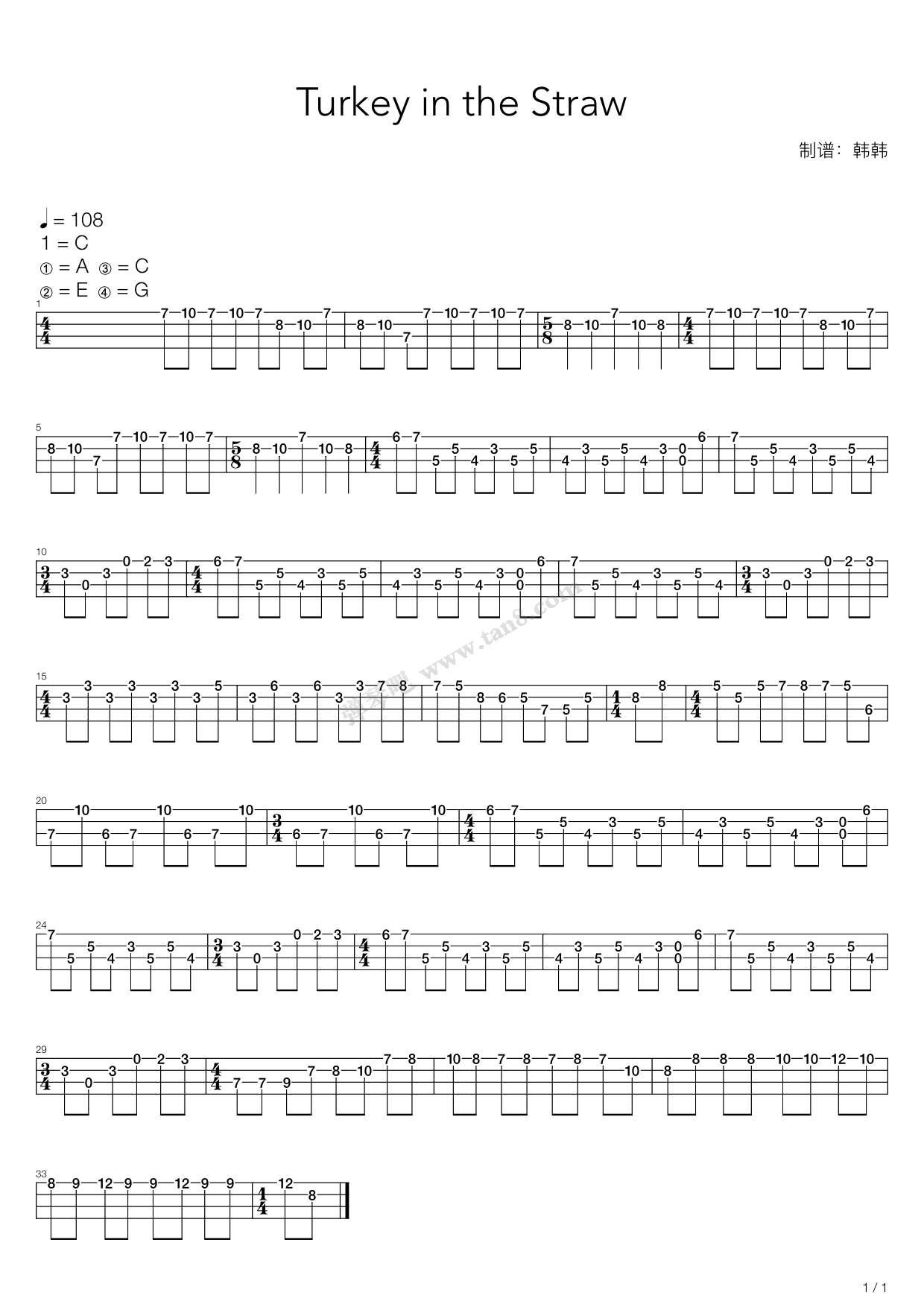 《Turkey in the Straw（尤克里里练习曲）》吉他谱-C大调音乐网