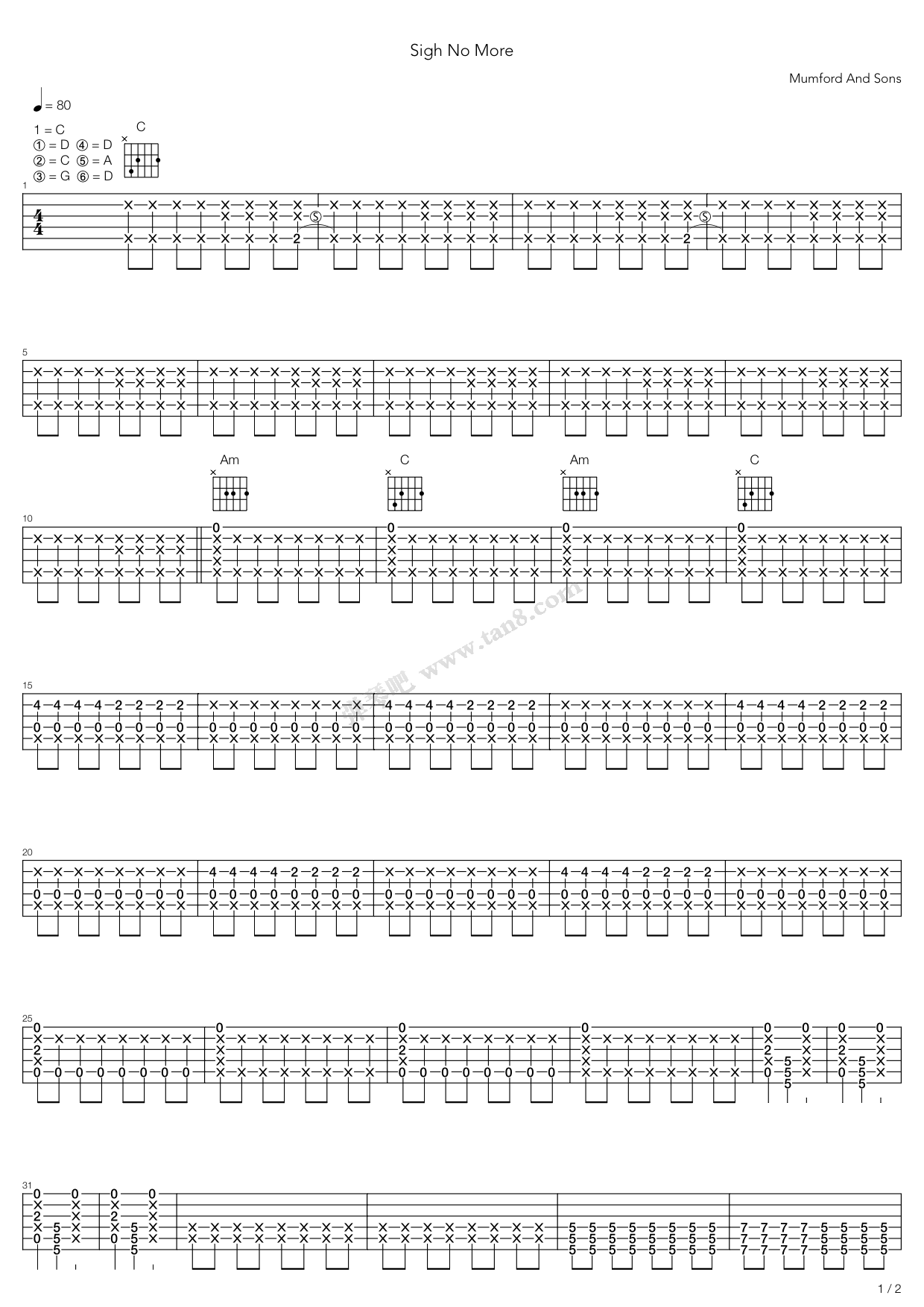 《Sigh No More》吉他谱-C大调音乐网